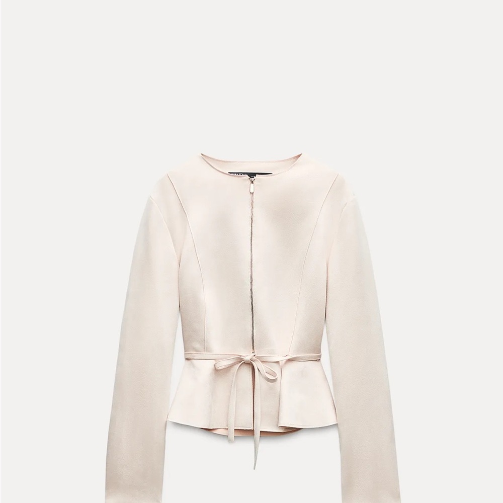 Zara Pale Cream Tie-Waist Peplum Zip Jacket